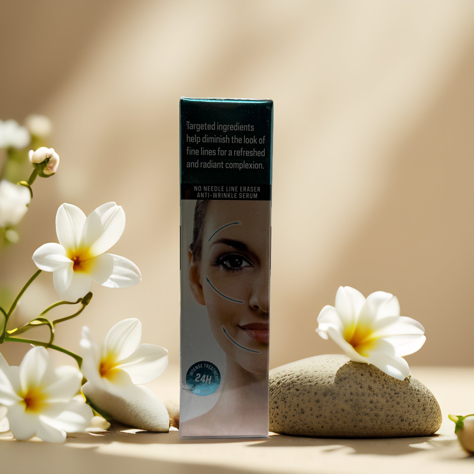 No Needle Line Eraser Anti-Wrinkle Serum box with flowers and stones, promoting refreshed skin and reduced fine lines.