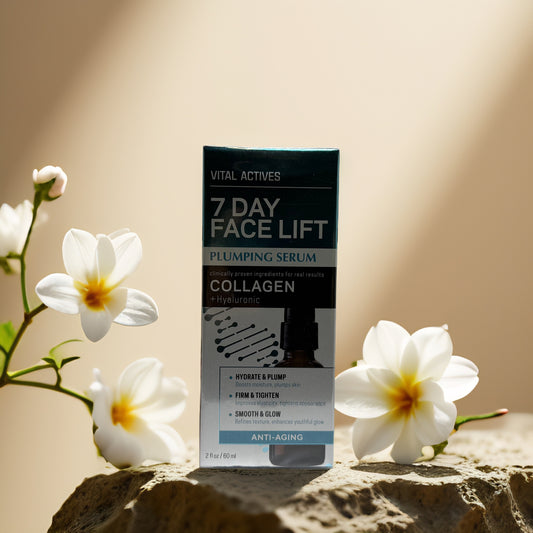 7 Day Face Lift Plumping Serum by Vital Actives; collagen and hyaluronic acid for anti-aging and hydration.