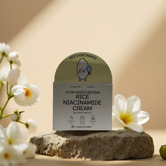Brighten & Hydrate Rice Niacinamide Cream by Bonnyhill on stone with flowers, 3.38 fl oz, ultra-moisturizing and lightweight.
