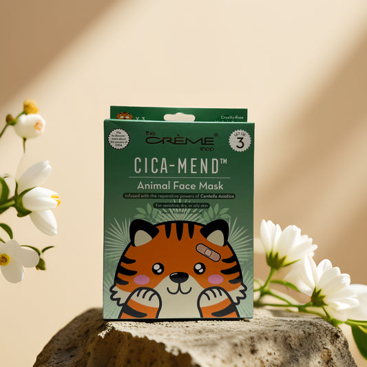 Soothe & Protect Cica-Mend Animal Face Mask by The Crème Shop featuring playful tiger design, perfect for sensitive skin.