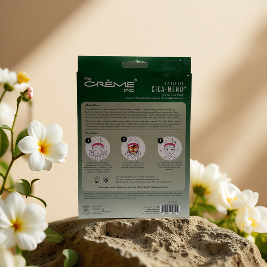 Back packaging of Cica-Mend Animal Face Masks by The Crème Shop, featuring usage directions and product details.