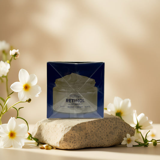 Delfanti Overnight Renewal & Brightening Retinol Night Cream on a stone, surrounded by flowers.