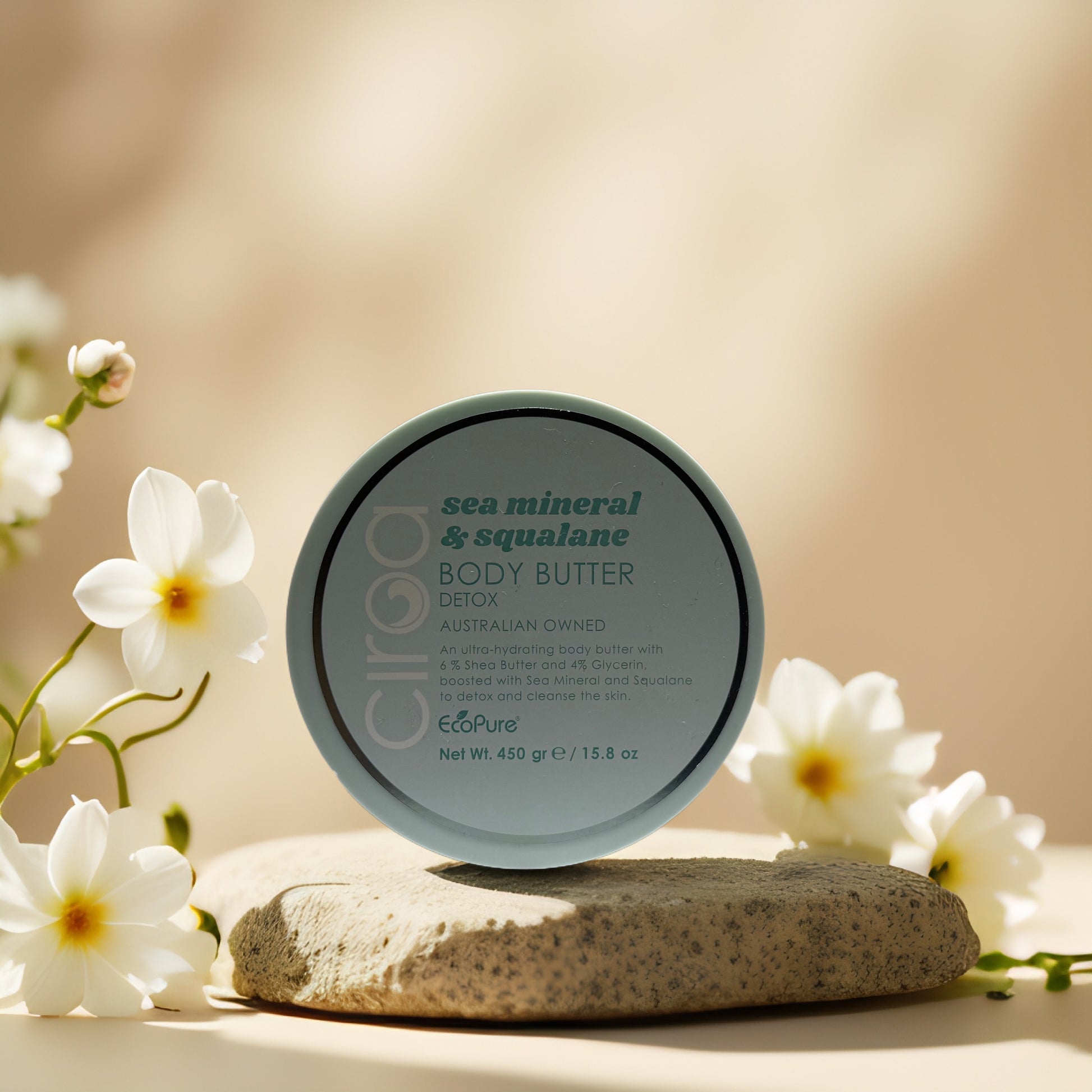 Circa Beauty sea mineral & squalane body butter in eco-friendly packaging with flowers, 15.8 oz.