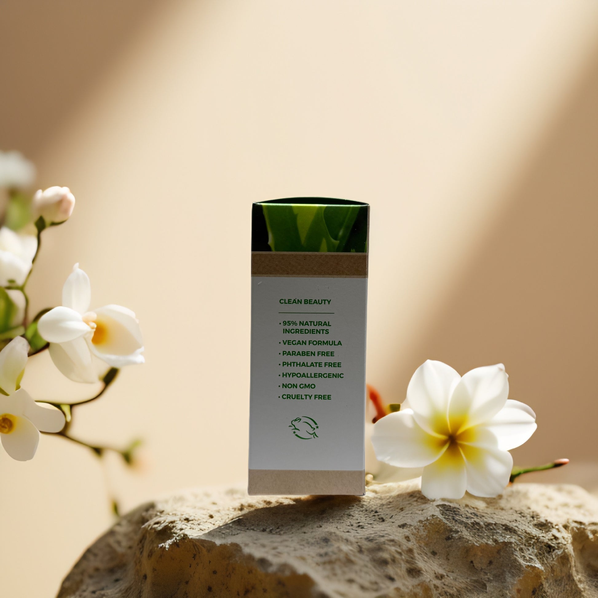 Hydrate & Soothe Cucumber Aloe Facial Serum packaging with floral background, emphasizing clean beauty ingredients.