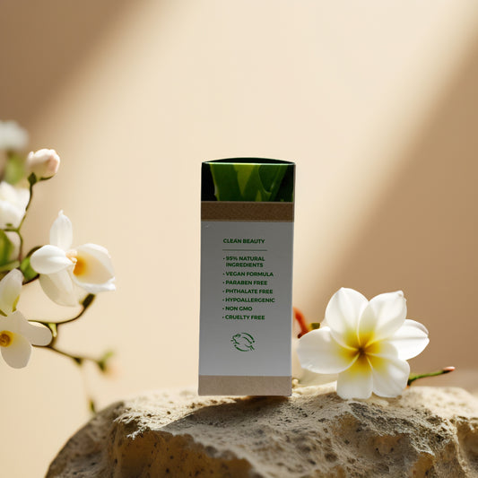 Hydrate & Soothe Cucumber Aloe Facial Serum packaging with floral background, emphasizing clean beauty ingredients.
