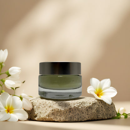 Evercalm Rescue Mask by REN Clean Skincare in a jar with flowers, ideal for soothing sensitive skin.