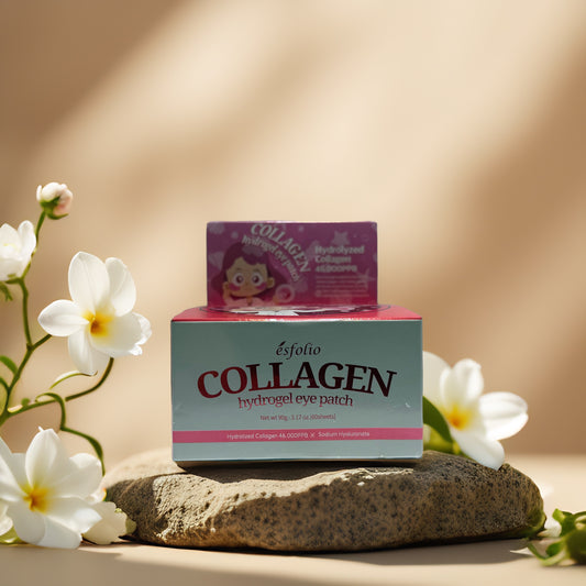 Esfolio Collagen Hydrogel Eye Patch box on stone with white flowers, designed for hydration and firming under-eye skin.