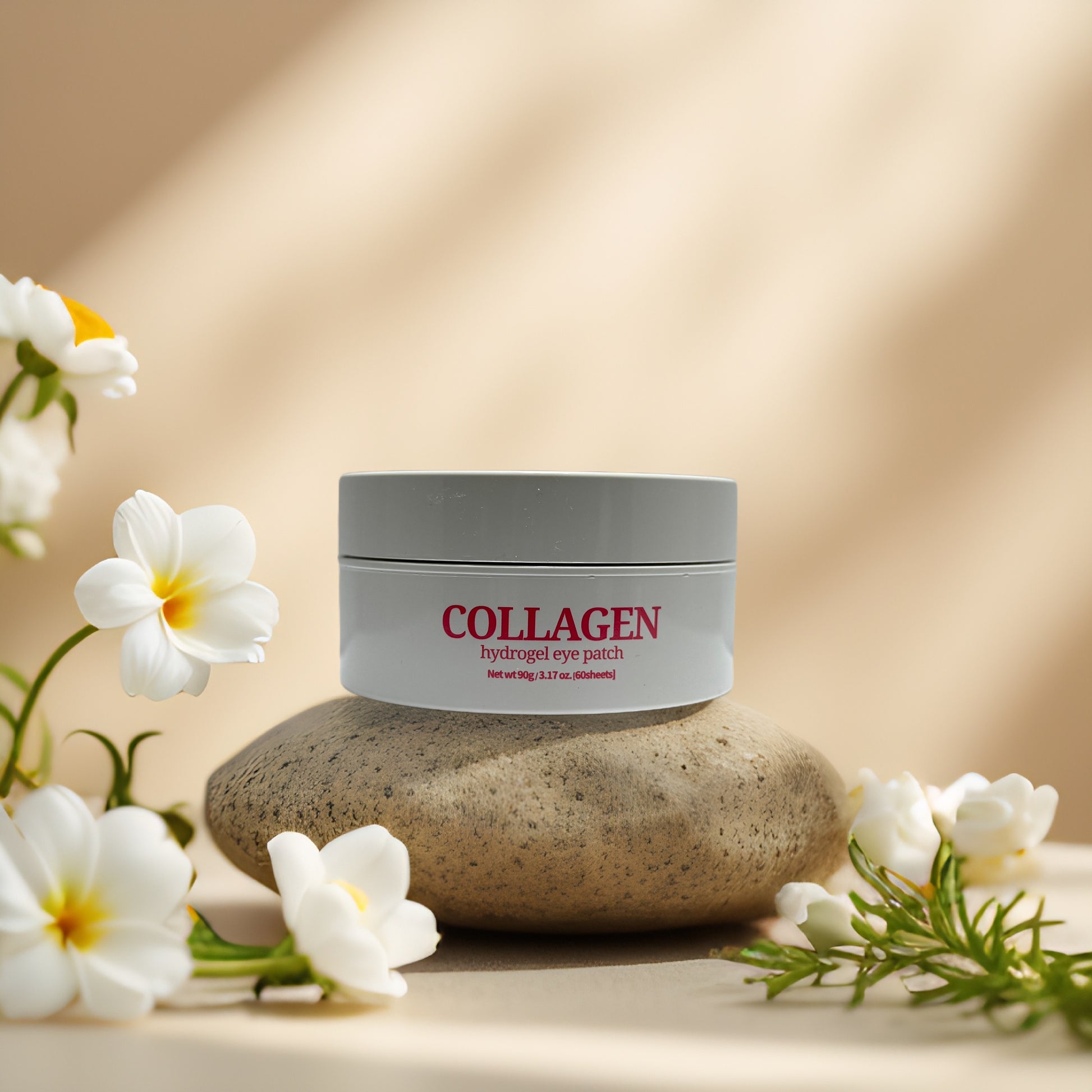 Collagen hydrogel eye patch by Esfolio on a stone, surrounded by flowers, promoting hydration and firming for under-eye care.