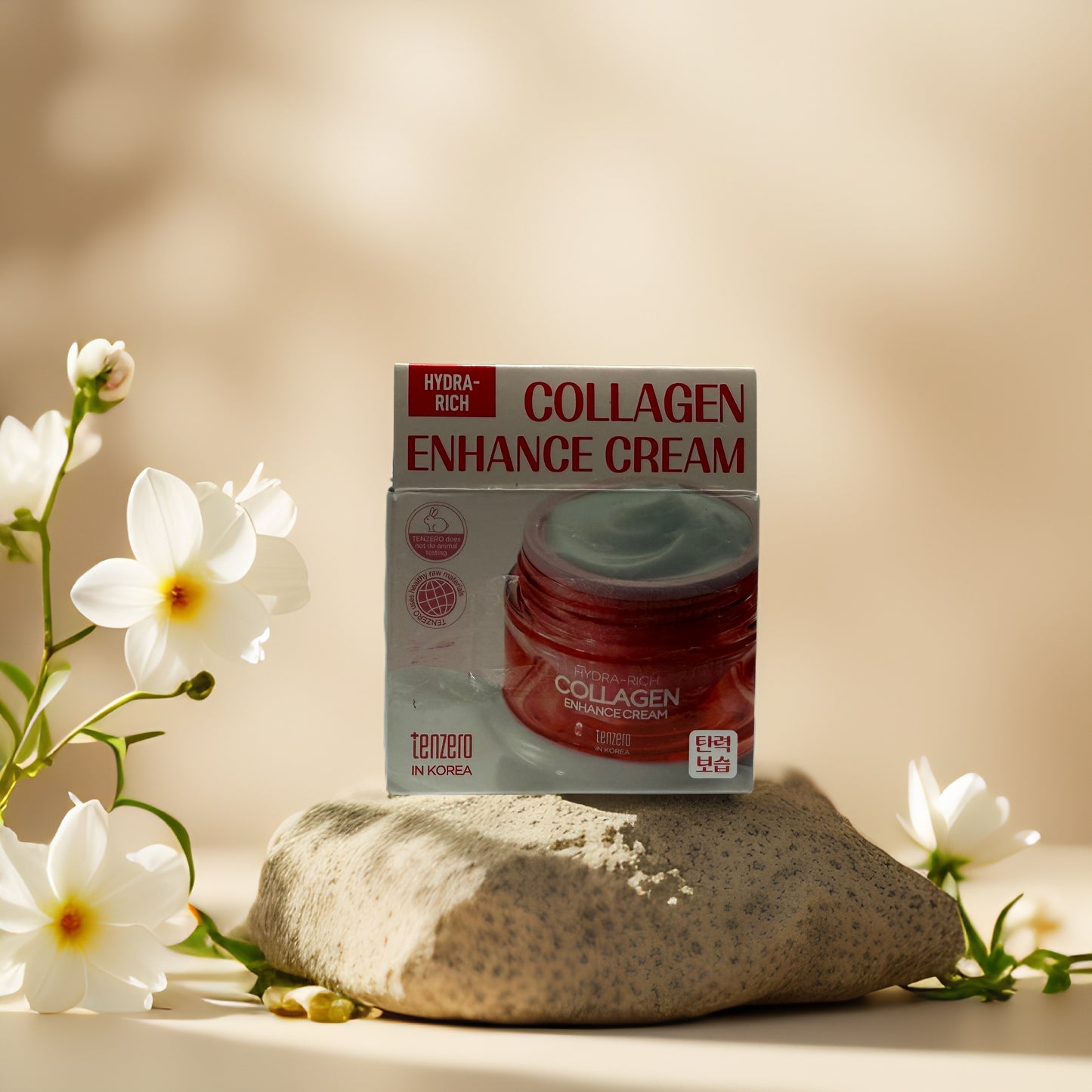 Tenzero Firm & Smooth Collagen Enhance Cream with flowers and stone backdrop, showcasing hydrating skincare benefits.