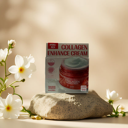 Tenzero Firm & Smooth Collagen Enhance Cream with flowers and stone backdrop, showcasing hydrating skincare benefits.