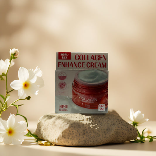 Tenzero Firm & Smooth Collagen Enhance Cream with flowers and stone backdrop, showcasing hydrating skincare benefits.