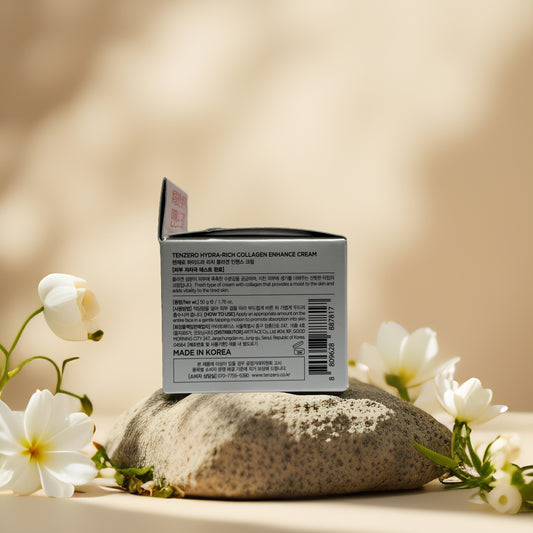 Tenzero Collagen Enhance Cream packaging with ingredients, on a serene stone background with flowers.