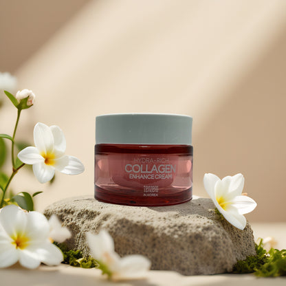 Tenzero Firm & Smooth Collagen Enhance Cream jar surrounded by flowers on a stone surface.