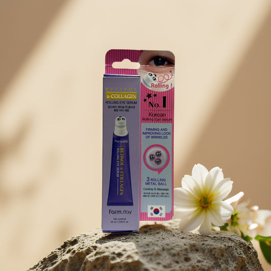Farm Stay Retinol Collagen Rolling Eye Serum in packaging, featuring a triple metal rollerball applicator for puffiness relief.