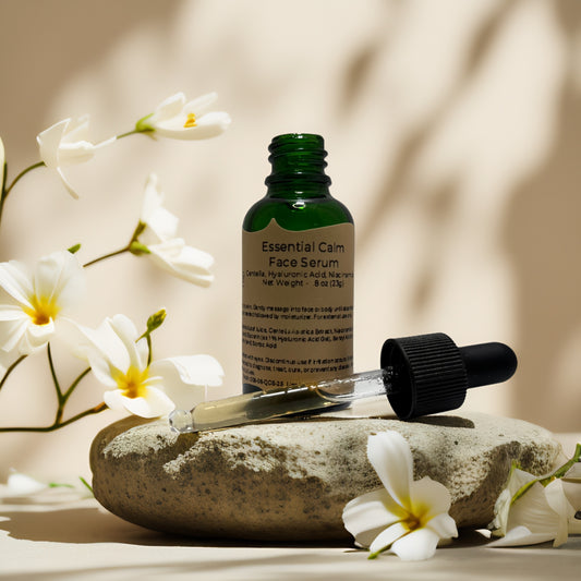 Essential Calm Face Serum by Queen City Skincare on a stone, surrounded by flowers, for redness relief and hydration.