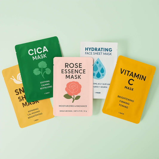 Assorted Dermal Korea masks including Cica, Rose Essence, Hydrating, Snail Sheet, and Vitamin C.