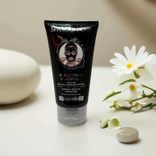 SpaScriptions Black Charcoal Peel-Off Mask tube with flowers.