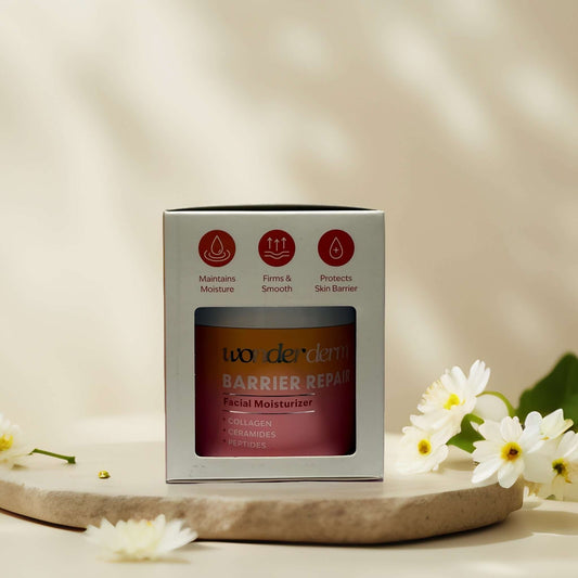 Wonderderm Barrier Repair moisturizer box with floral accents.
