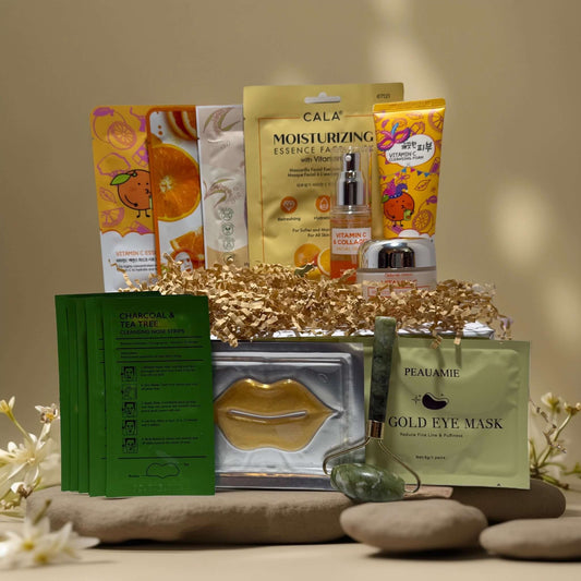Brighten and even skin tone skincare set with Vitamin C products, jade roller, and eye masks.