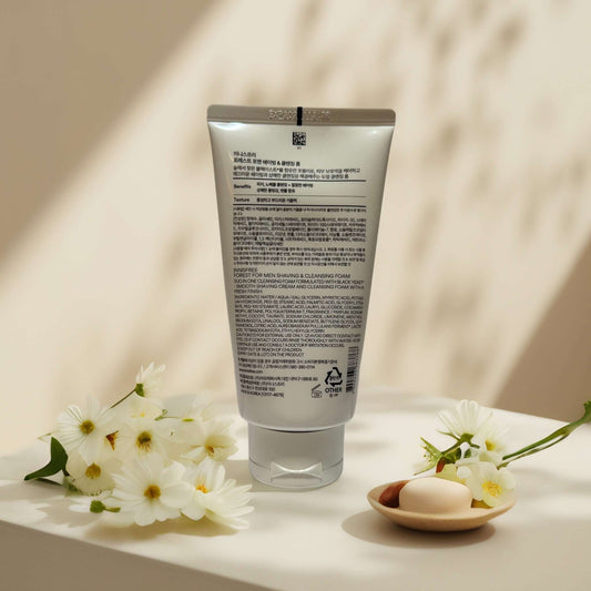 Innisfree Forest for Men Black Yeast Foam 5.3 fl oz tube with floral accents.