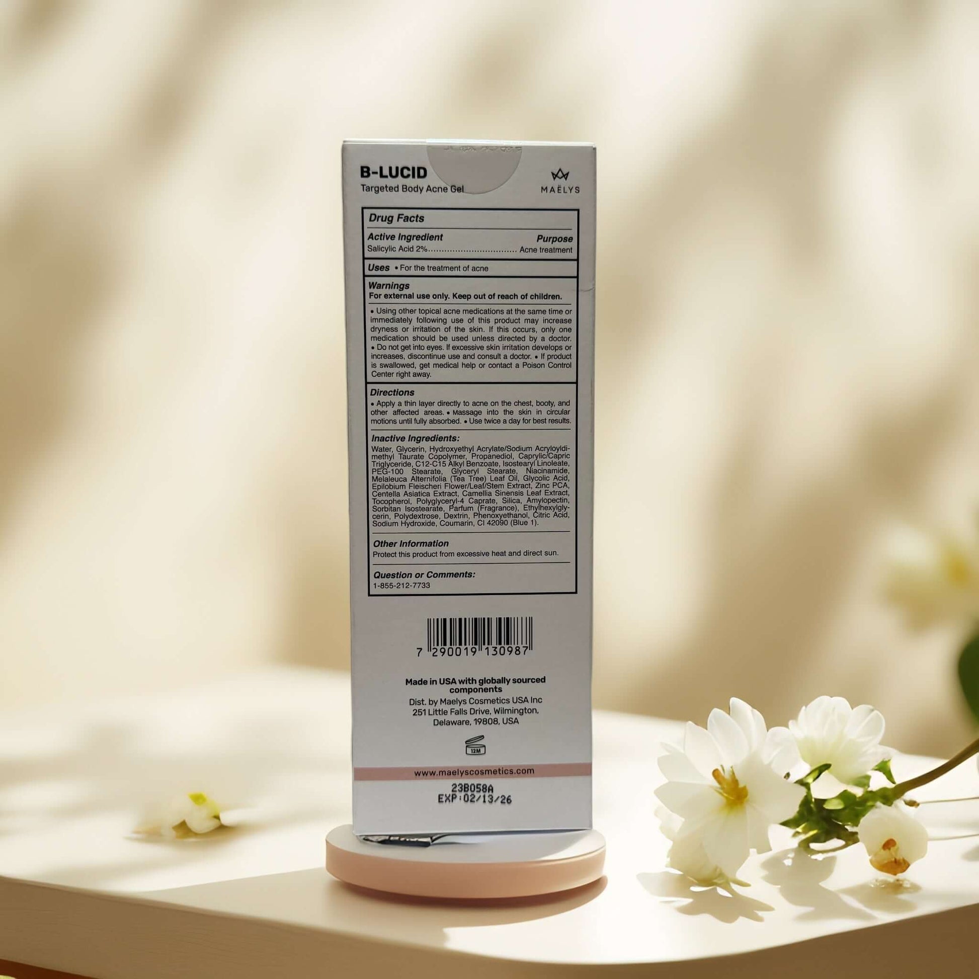 Back view of Maëlys B-Lucid acne gel packaging and label.