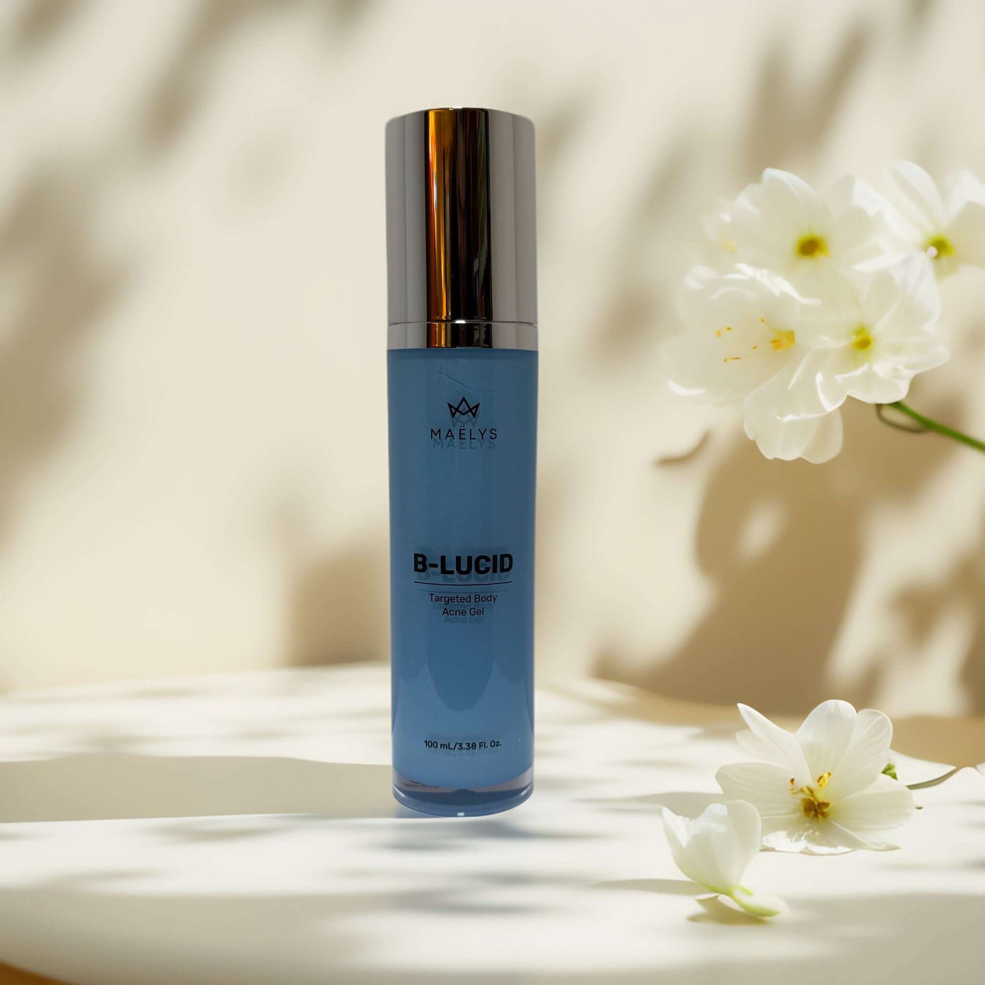 Maëlys B-Lucid Targeted Acne Gel bottle on a light background.