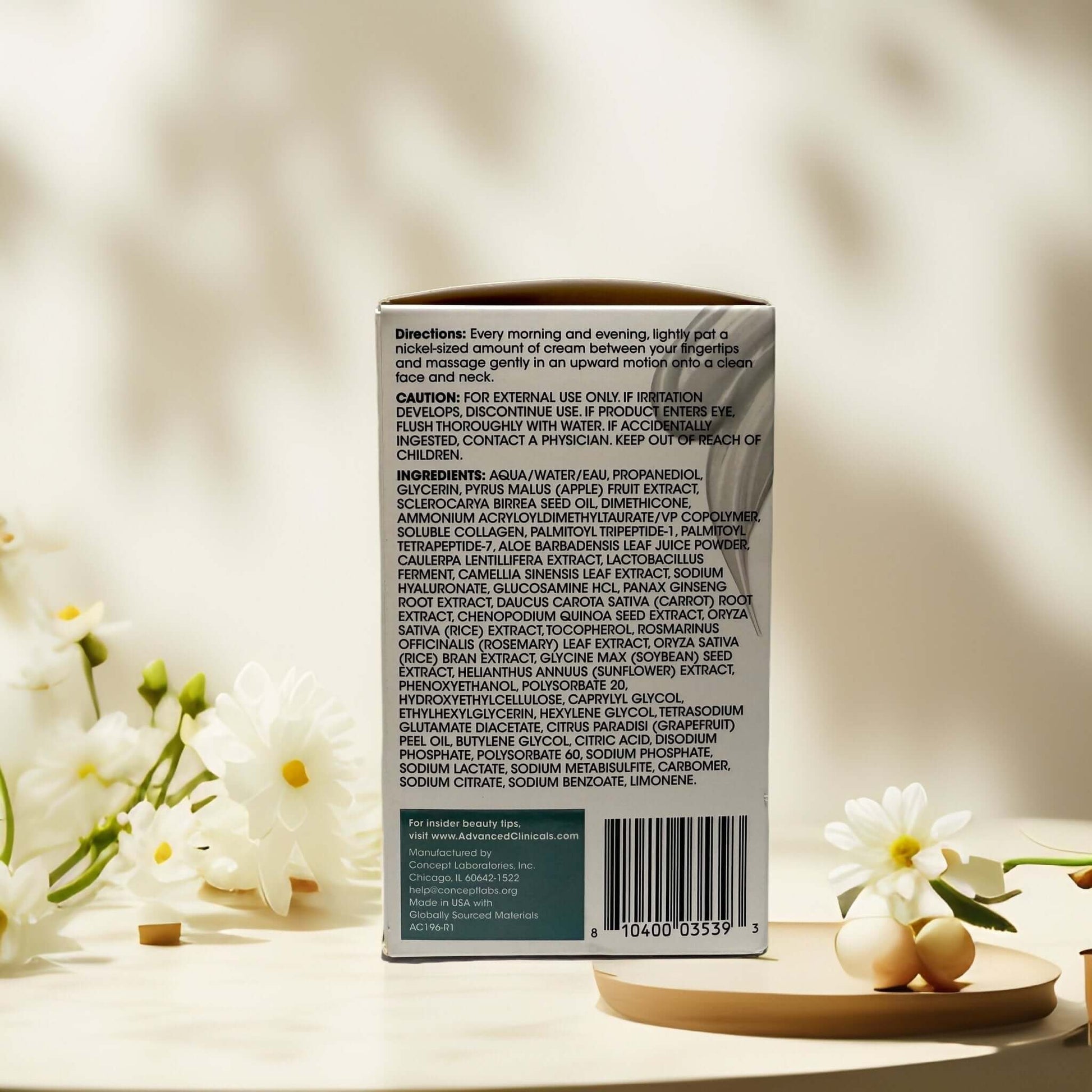 Back of Advanced Clinicals Collagen Multi-Lift Moisturizer box
