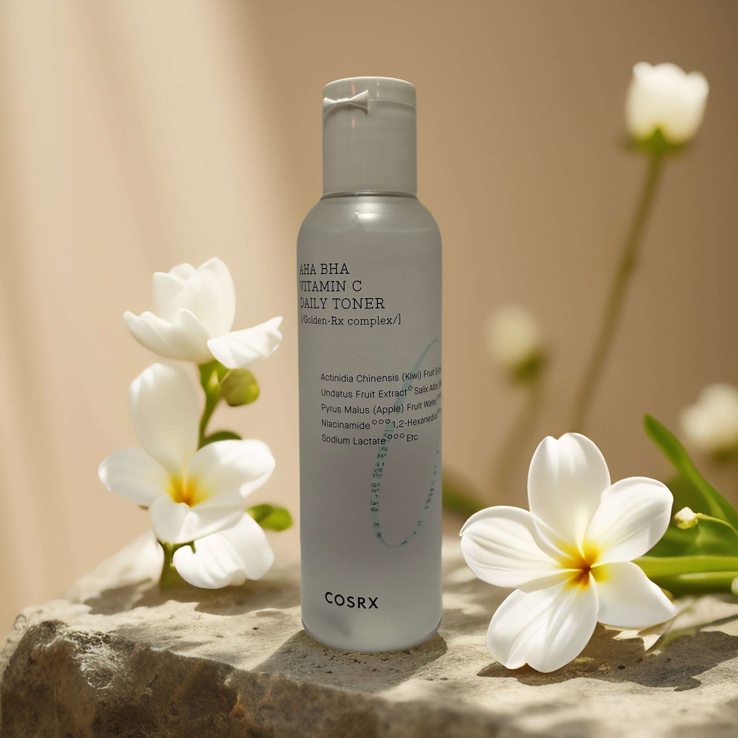 COSRX AHA BHA Vitamin C Daily Toner with floral background, promotes radiant and even-toned skin.