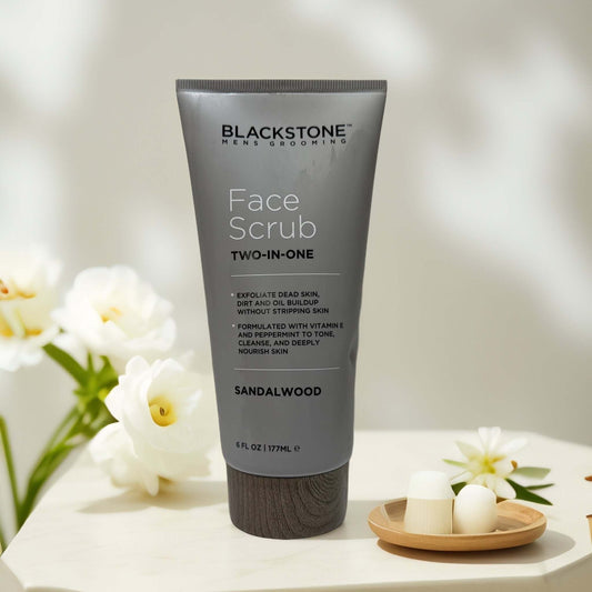 Blackstone Face Scrub Sandalwood 6oz tube on display