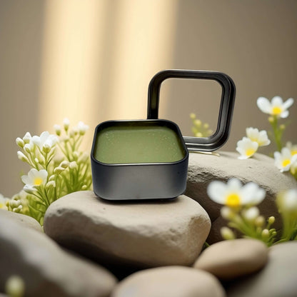 POS Deep Nourishment Botanical Body Balm in a sleek black container surrounded by flowers and stones.