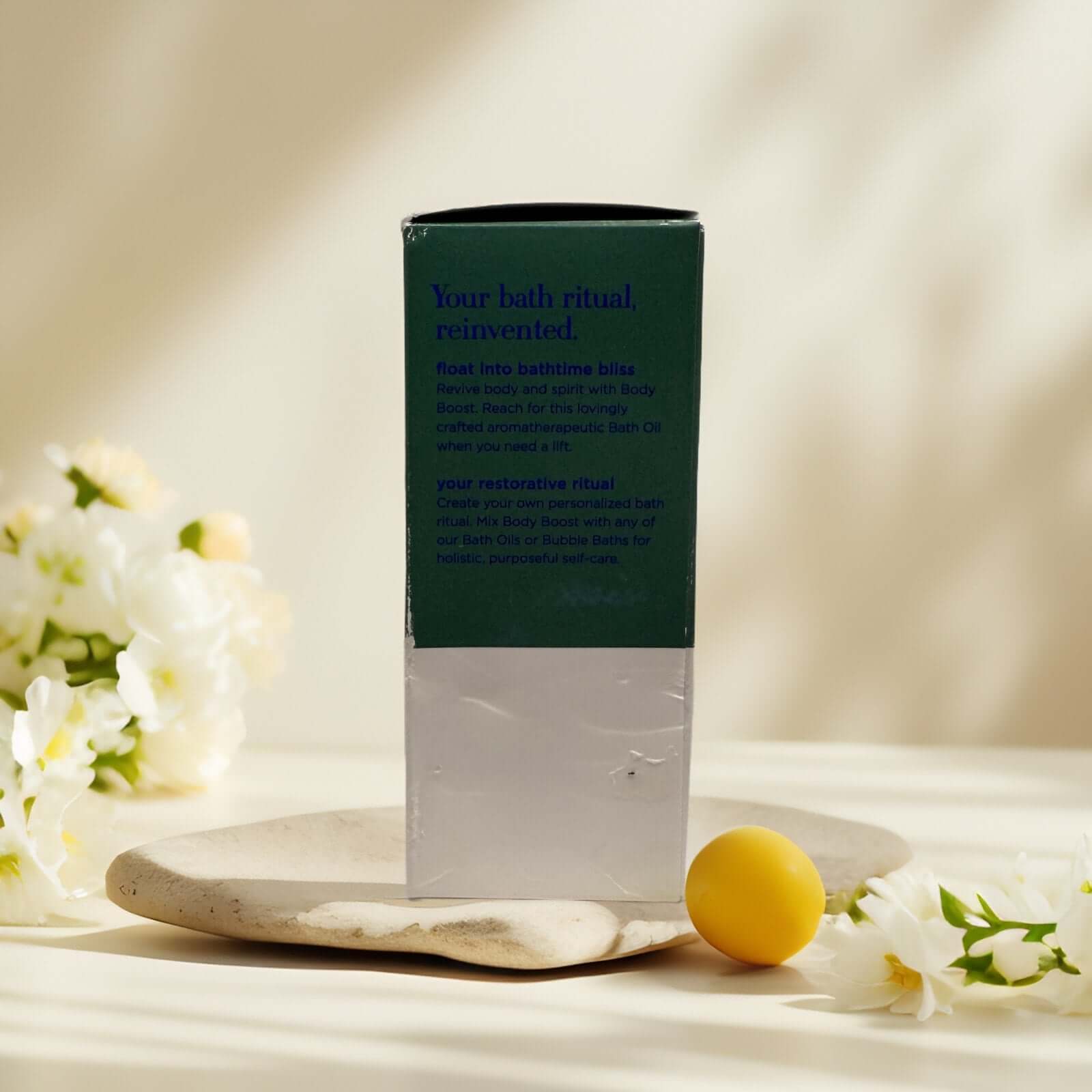 Body Boost Bath Oil packaging, showcasing eucalyptus lemon benefits.