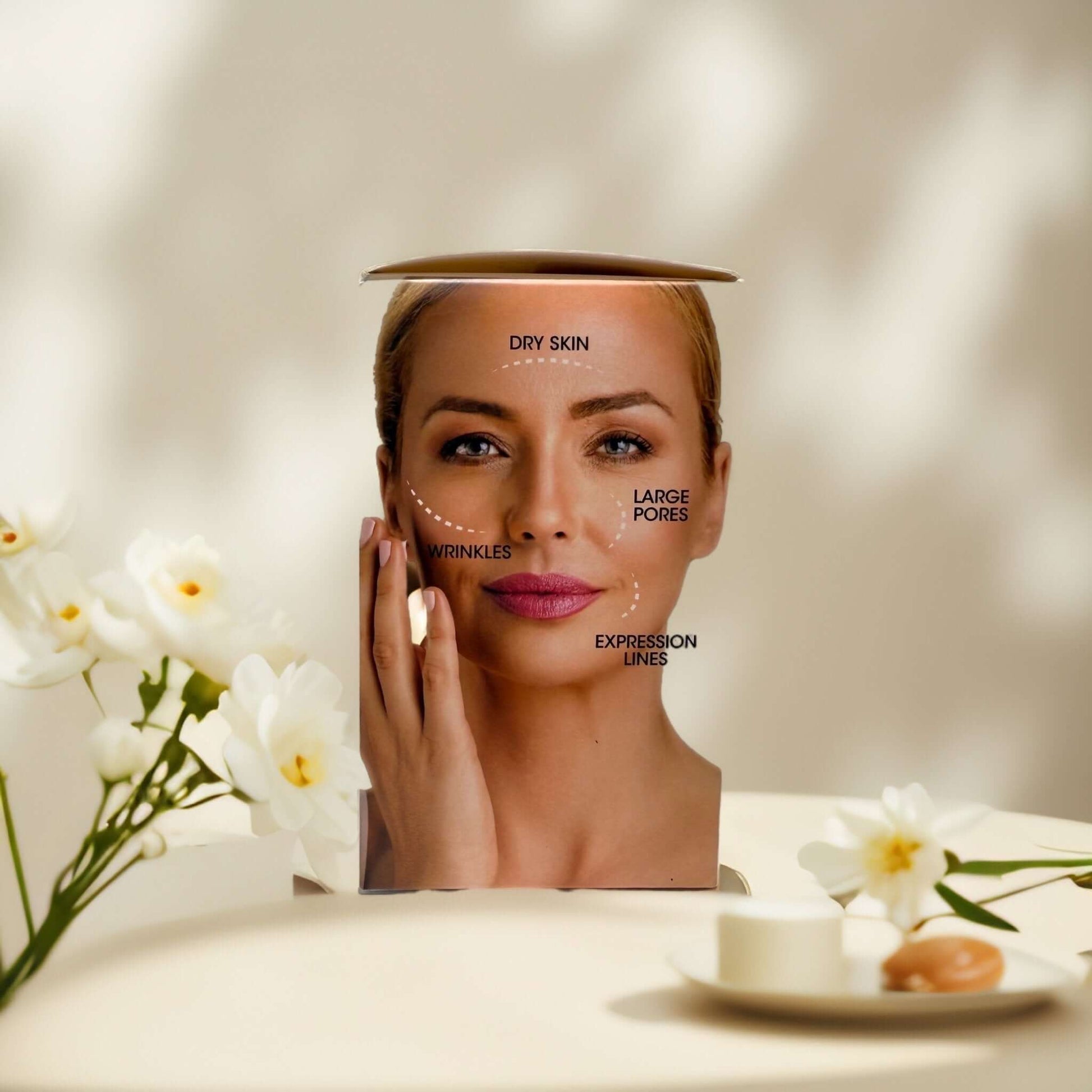 Model showcasing skin concerns: dry skin, wrinkles, large pores, expression lines.