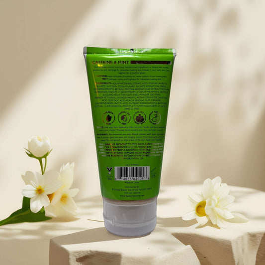 Back view of Spascriptions Caffeine + Mint Facial Scrub 5.0 fl oz tube.