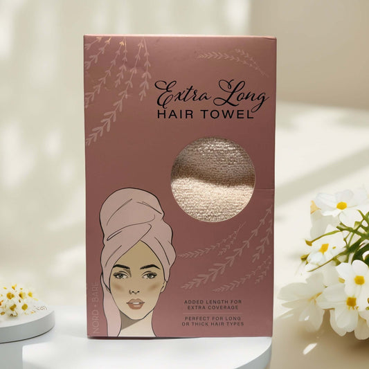 Extra long hair towel packaging for thick, long hair types.