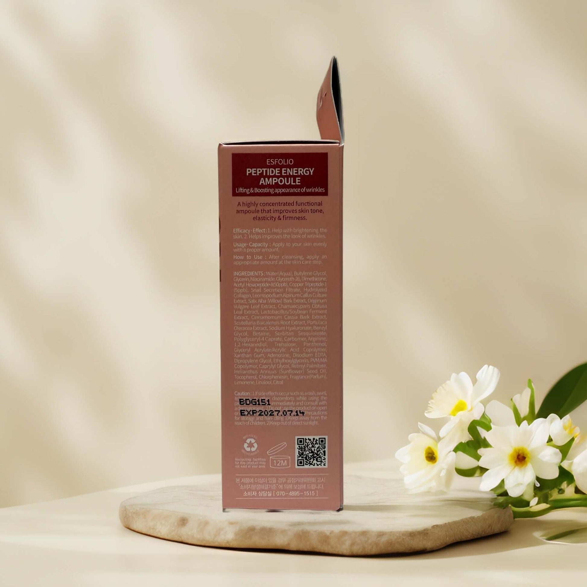 Esfolio Peptide Energy Ampoule packaging and ingredients.