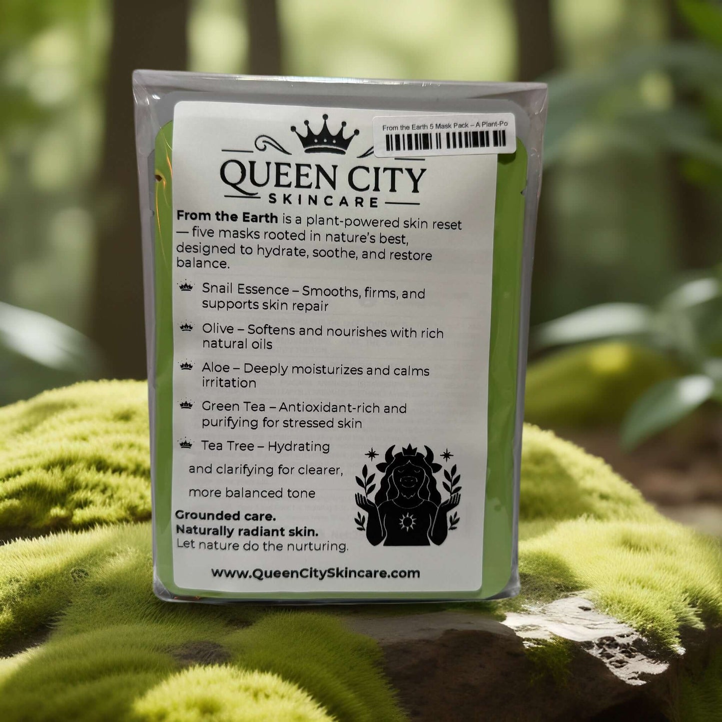 Plant-powered sheet mask set for skin reset, featuring natural ingredients like snail essence and green tea.