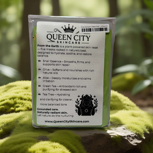 Plant-powered sheet mask set for skin reset, featuring natural ingredients like snail essence and green tea.