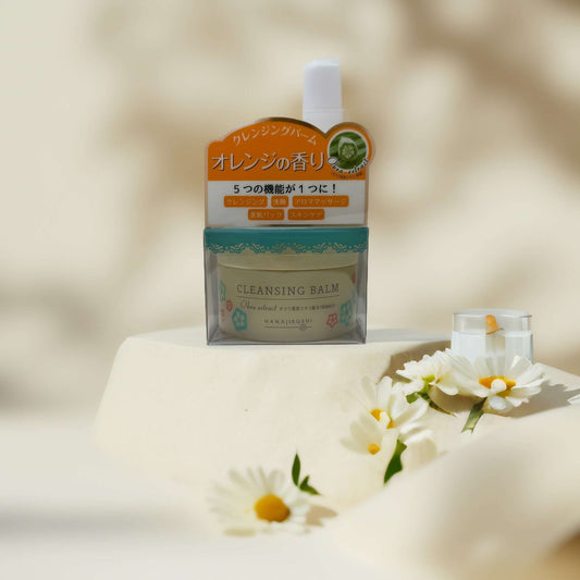 Hanajirushi cleansing balm with okra extract on display.