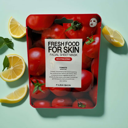 Revitalizing tomato facial sheet mask with fresh tomatoes and lemons, designed for glowing skin.