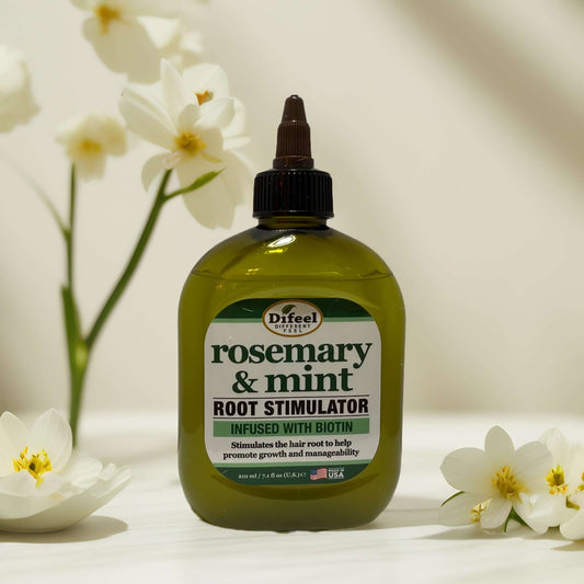 Difeel Rosemary & Mint Root Stimulator bottle with flowers