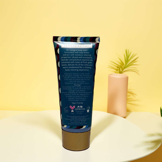 Heathcote & Ivory Love Revival Body Wash packaging, blue tube.
