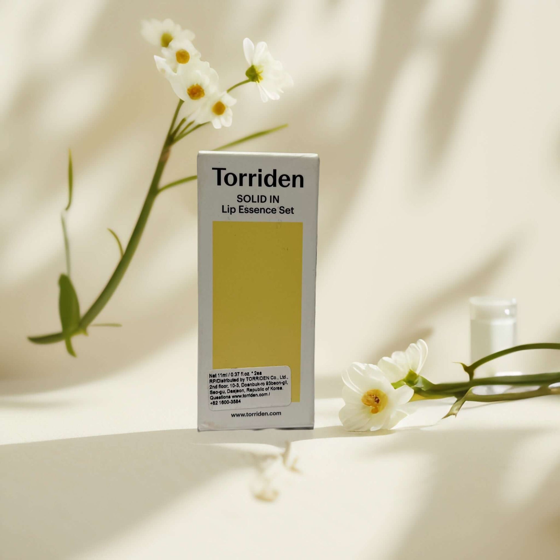 Torriden Solid In Lip Essence Set packaging with white flowers.