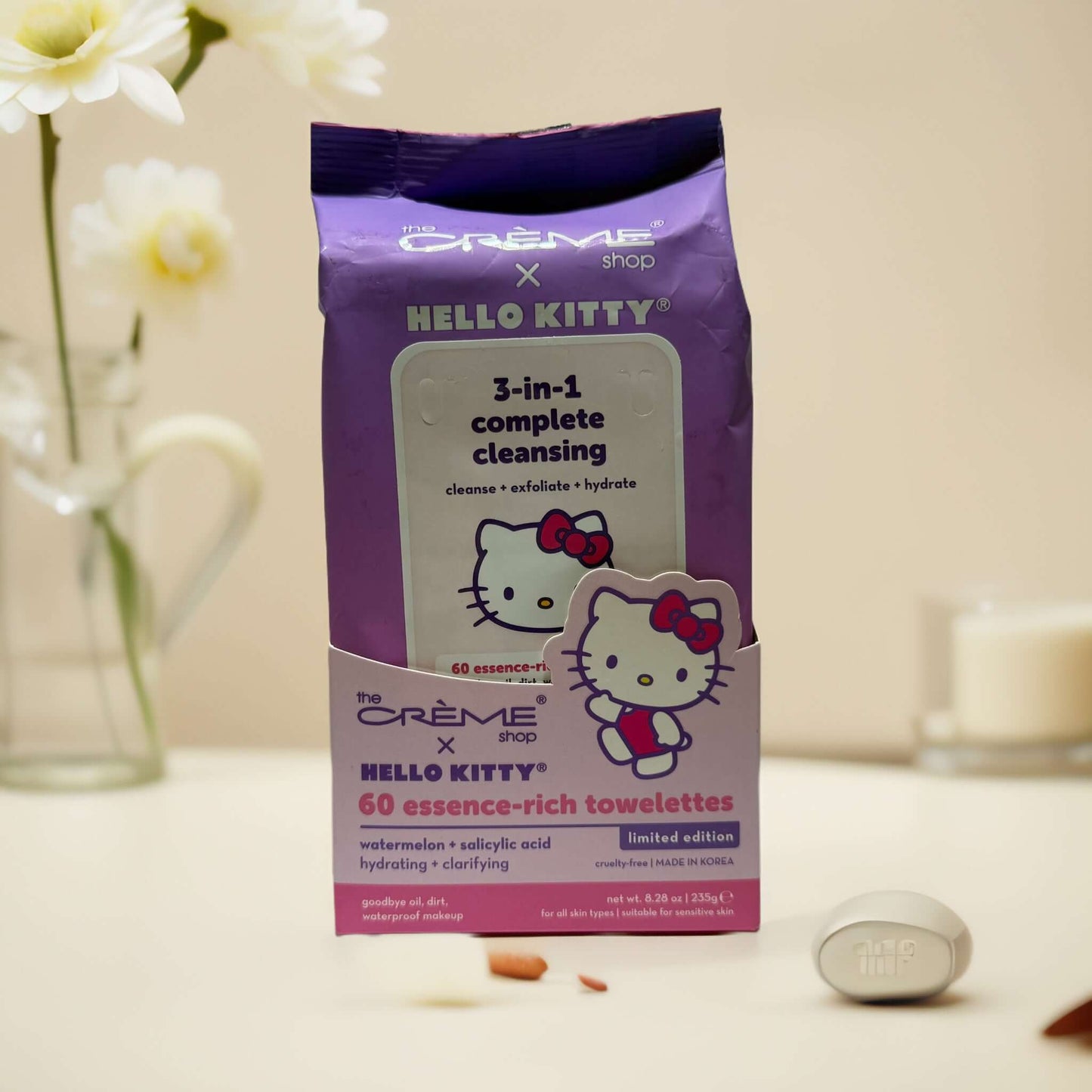 Hello Kitty cleansing wipes by The Crème Shop in pink pouch