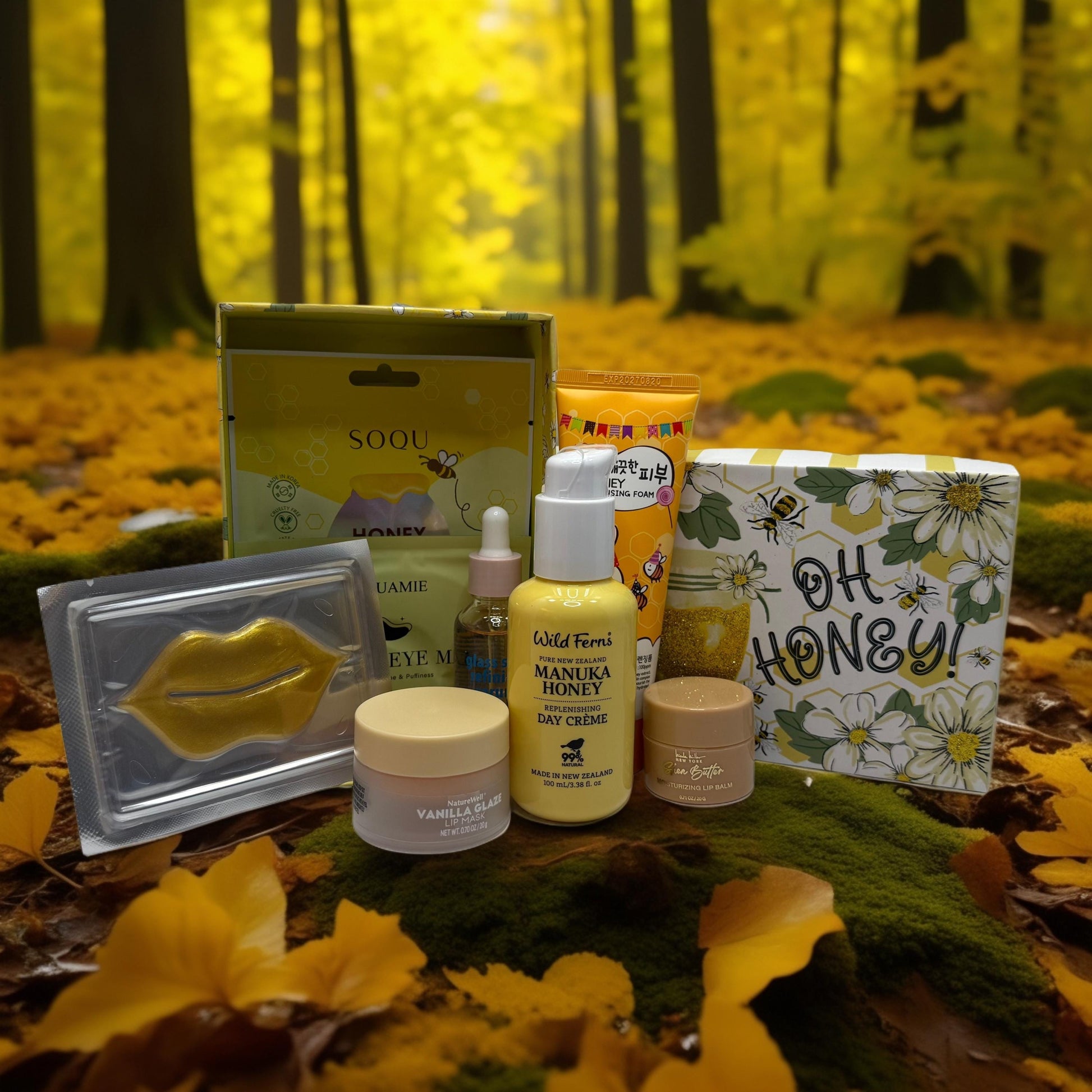 One of a Kind Curated Gift Box with a Handmade Skincare Product by Queen City Skincare displayed in a fall setting.