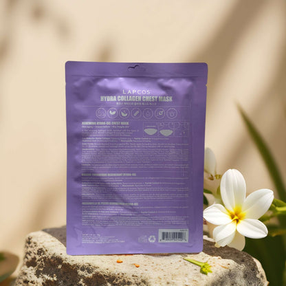 LAPCOS Hydra-Gel Chest Mask packaging with floral background, focused on skincare benefits and ingredients.