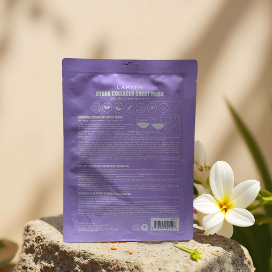 LAPCOS Hydra-Gel Chest Mask packaging with floral background, focused on skincare benefits and ingredients.