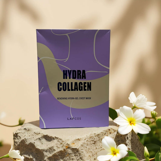 LAPCOS Hydra Collagen renewing hydro-gel chest mask package on a stone, featuring a floral background.