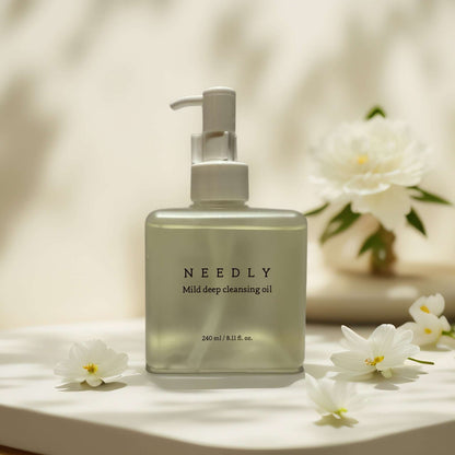Needly Mild Deep Cleansing Oil bottle with flowers, 240 ml.