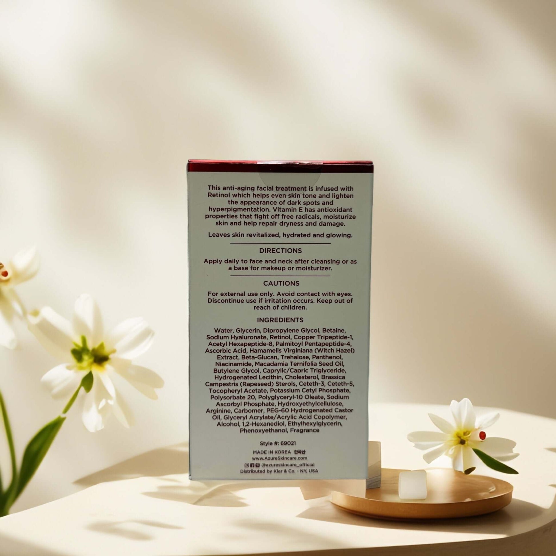 Back of Azure Retinol & Vitamin E serum packaging with directions.