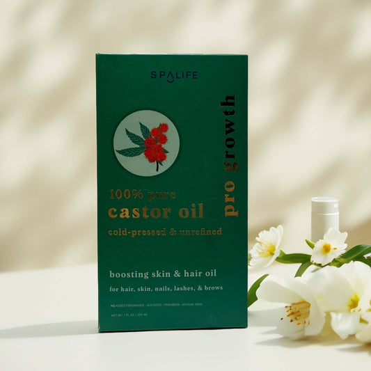 SpaLife 100% Pure Castor Oil packaging for skin and hair care.